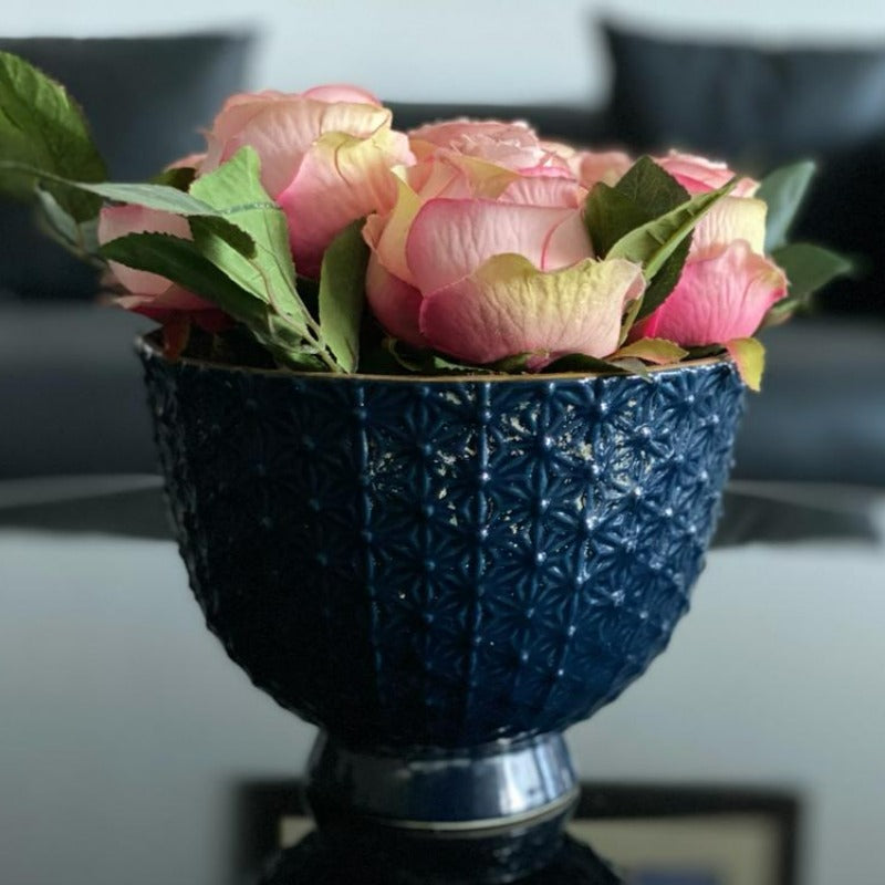 Faux Roses in Blue Vase