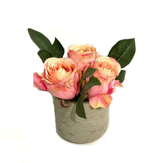 Pink Faux Roses in Grey Cement Pot