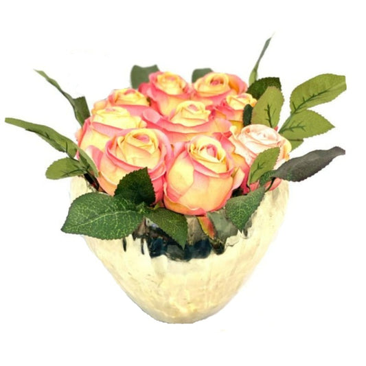 Faux Roses in Gold Vase