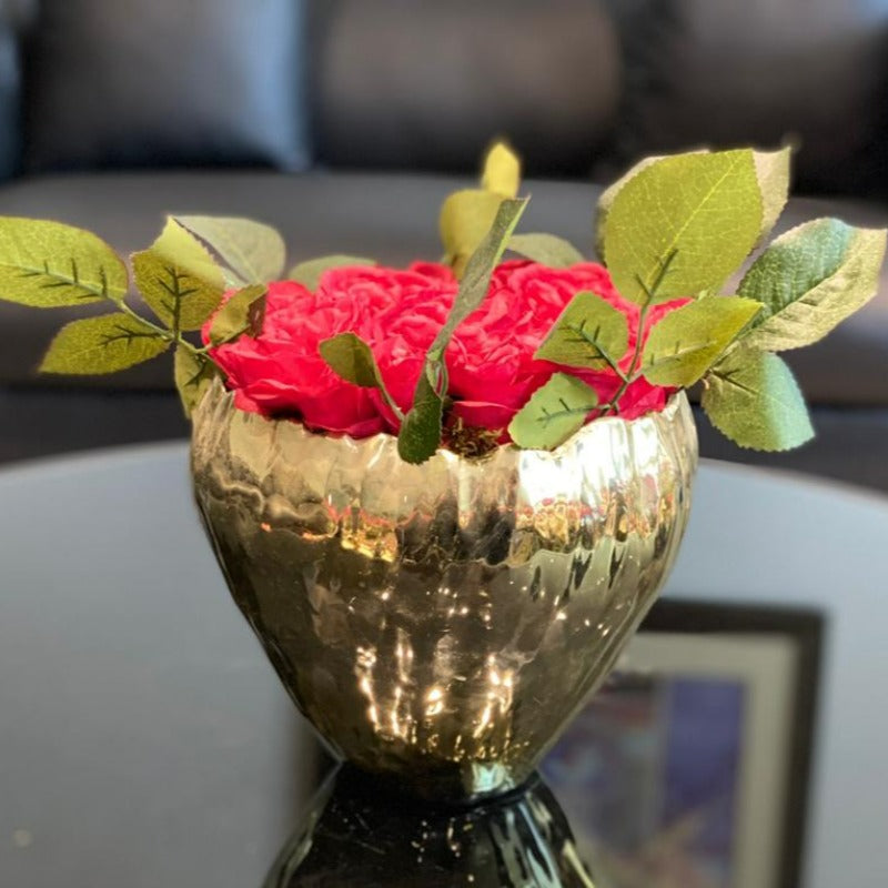 Red Roses in Gold Vase