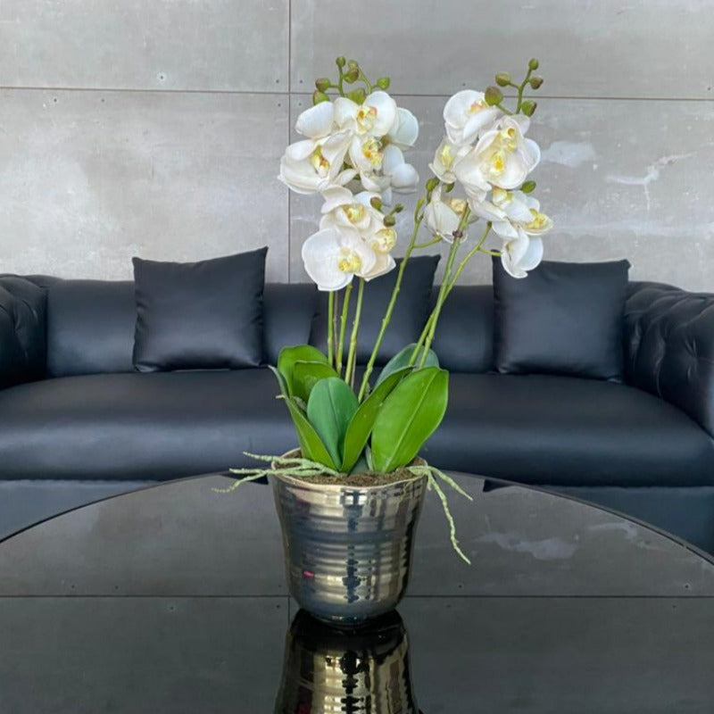 Faux Orchid Arrangement in Gold Vase