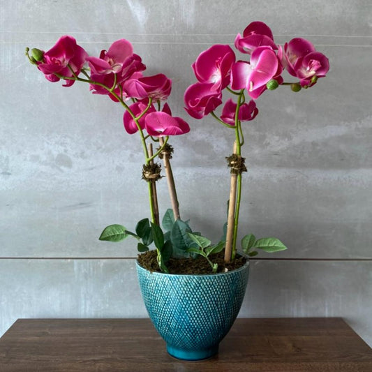 Pink Orchid Arrangement in Blue Vase