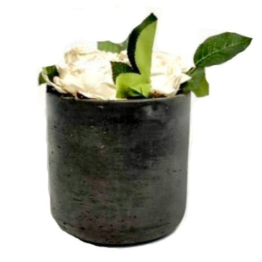 White Faux Roses in Black Cement Pot