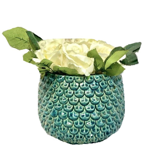 Faux Roses in Green Pot