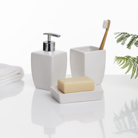Bathroom Set Thai White (Soap Dish, Toothbrush Holder, Liquid Soap Dispenser)